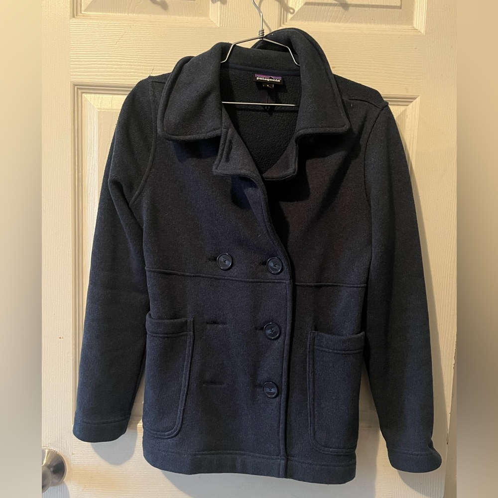 Patagonia Womens Pea Coat Fleece Collared Button Up Double Breasted Navy Small